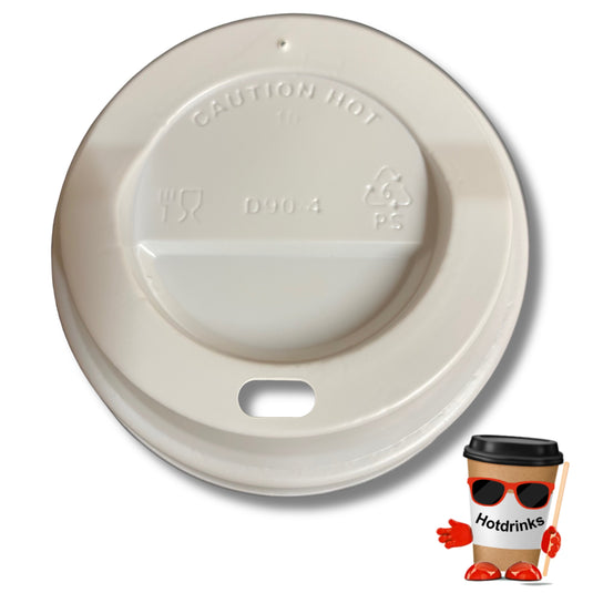 White disposable coffee cup lid with 'Caution Hot' text, small cartoon character holding a coffee cup with sunglasses and 'Hotdrinks' text.